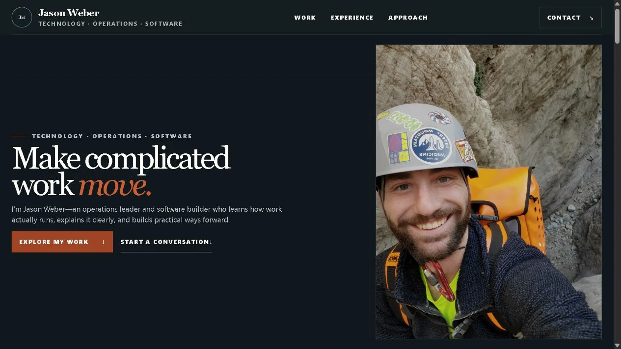 Jason Weber desktop website pairing the introduction Make complicated work move with a canyon portrait