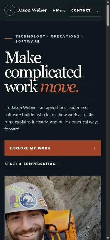 Jason Weber website on a phone, showing its professional introduction and calls to action