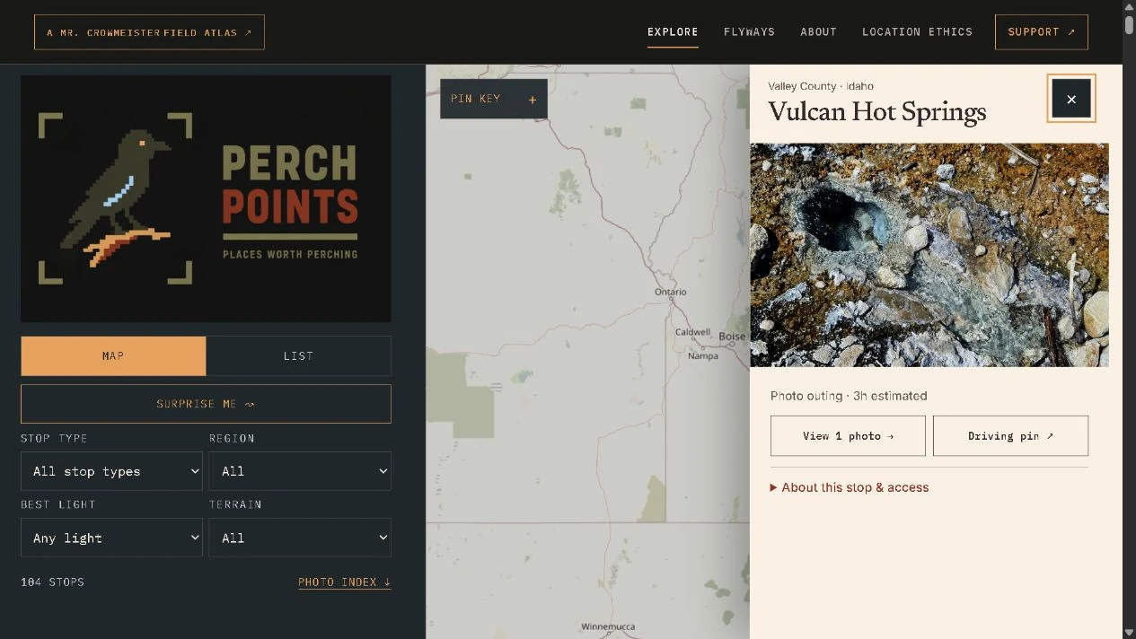 PerchPoints desktop interface with filters, a map, and photographs and details for Vulcan Hot Springs