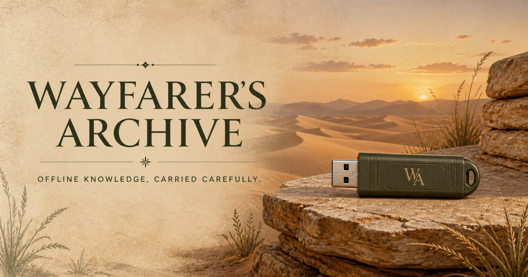The Wayfarer Archive website graphic with landscape and specimen imagery