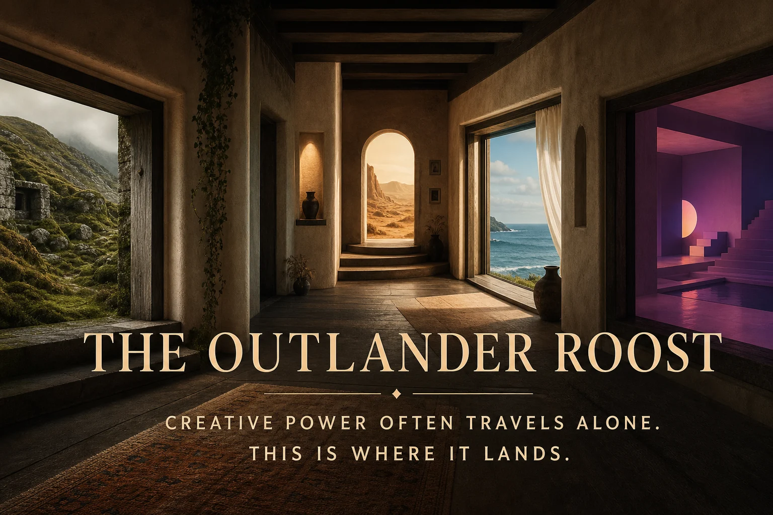 The Outlander Roost website artwork depicting a shared hall with equal doors opening onto distinct worlds